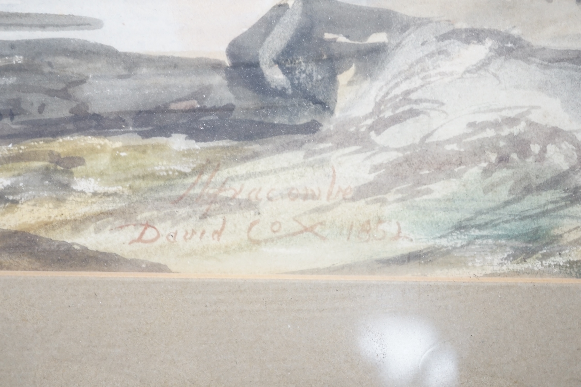 David Cox Jnr (1809-1885), watercolour, Coastal view with figures, signed and dated 1852, 24 x 34cm. Condition - poor to fair, foxing